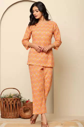 Peach printed cotton co- ord set