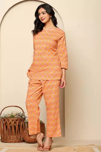 Peach printed cotton co- ord set