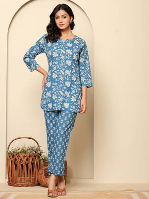 Blue printed cotton coord set 1