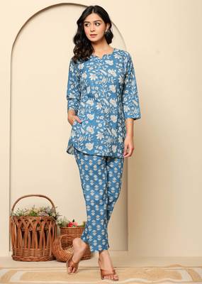 Blue printed cotton coord set 3