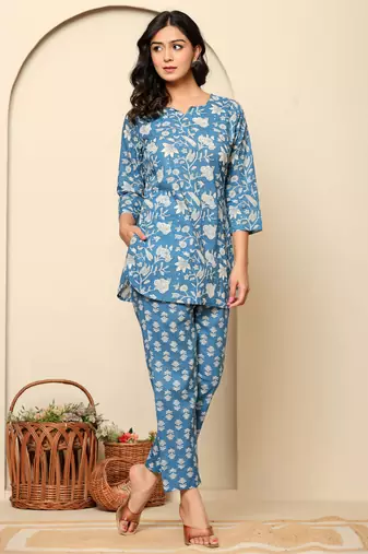 Blue printed cotton coord set