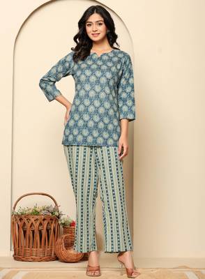 Blue printed cotton coord set 1