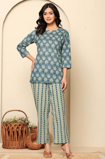 Blue printed cotton coord set