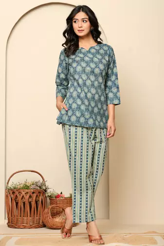 Blue printed cotton coord set