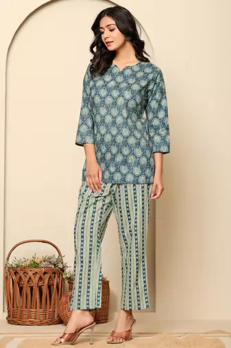 Blue printed cotton coord set