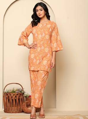 Peach printed cotton coord set 1