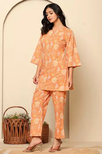 Peach printed cotton coord set