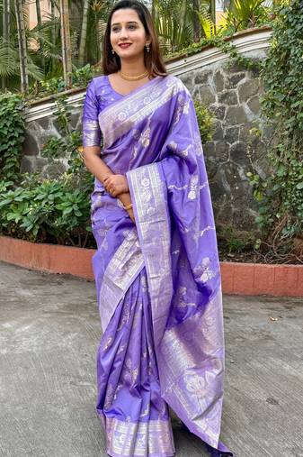 lavender Banarasi art Silk Saree With Blouse Piece