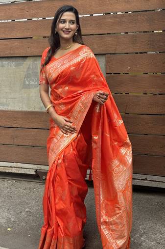 Orange art Banarasi Silk Jacquard zari Woven Saree