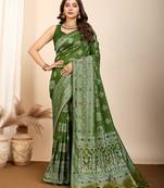 Green mina kari silk blend saree with rich woven pallu