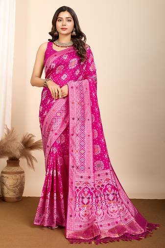 Pink mina kari silk blend saree with rich woven pallu