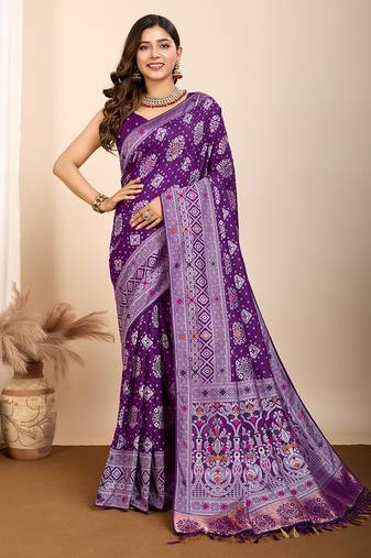 Purple mina kari silk blend saree with rich woven pallu