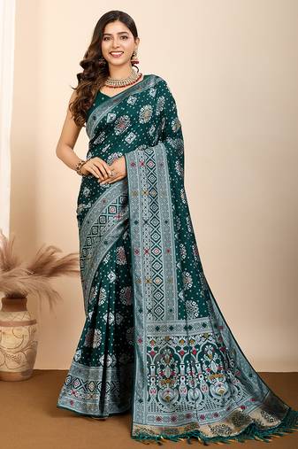 Teal mina kari silk blend saree with rich woven pallu