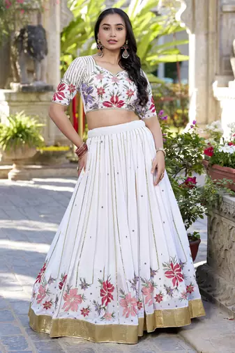 white sequins and thread embroidered georgette indian designer wedding lehenga dress