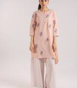 Nude pink cotton floral embroidered kurta set