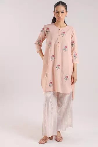 Nude pink cotton floral embroidered kurta set
