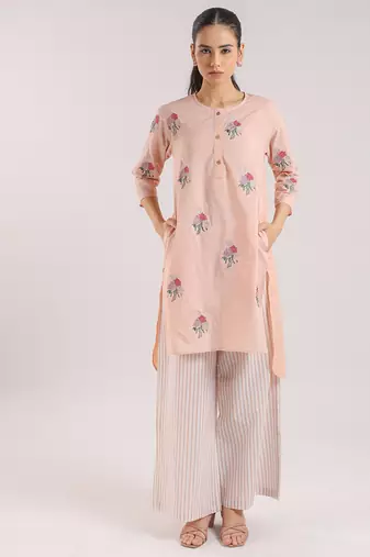 Nude pink cotton floral embroidered kurta set