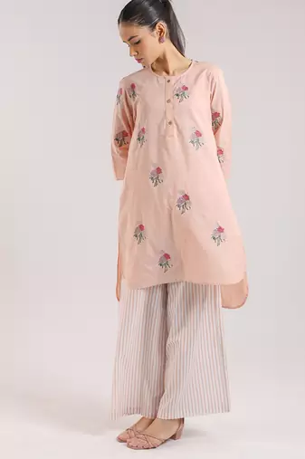 Nude pink cotton floral embroidered kurta set