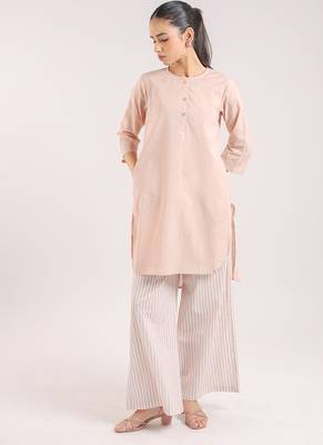 Nude pink cotton plain kurta with striped pant 1