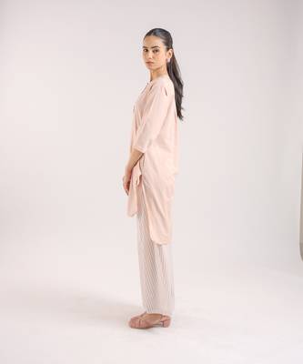 Nude pink cotton plain kurta with striped pant 2