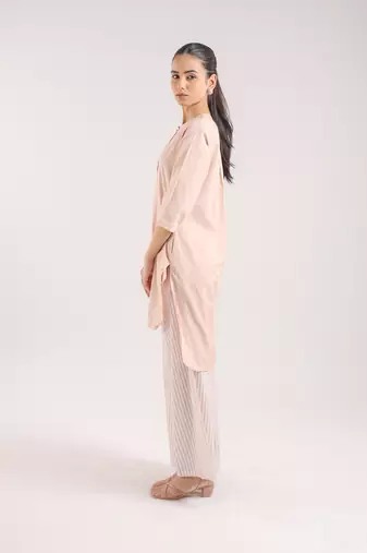 Nude pink cotton plain kurta with striped pant