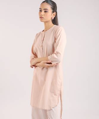 Nude pink cotton plain kurta with striped pant 3
