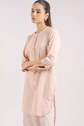 Nude pink cotton plain kurta with striped pant