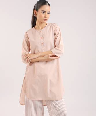 Nude pink cotton plain kurta with striped pant 4
