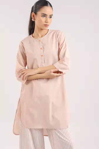 Nude pink cotton plain kurta with striped pant