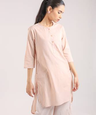 Nude pink cotton plain kurta with striped pant 5