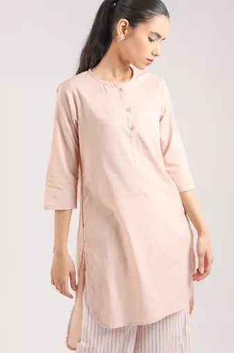 Nude pink cotton plain kurta with striped pant