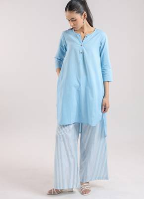 Ice blue cotton plain kurta set with striped pant 1