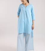 Ice blue cotton plain kurta set with striped pant