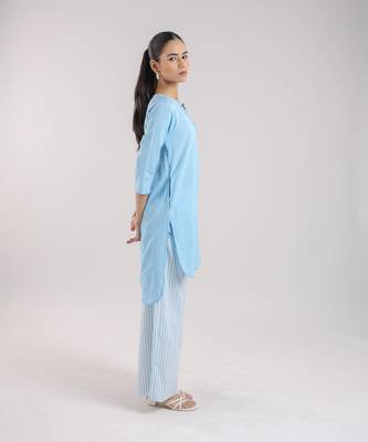Ice blue cotton plain kurta set with striped pant 2