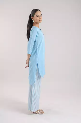 Ice blue cotton plain kurta set with striped pant