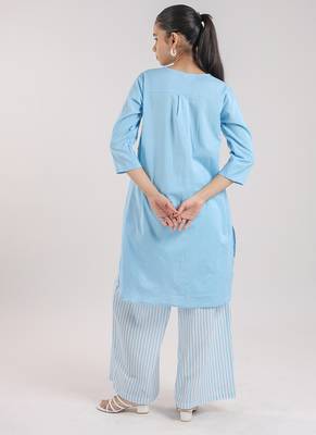 Ice blue cotton plain kurta set with striped pant 3
