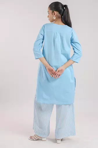 Ice blue cotton plain kurta set with striped pant