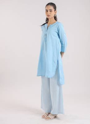 Ice blue cotton plain kurta set with striped pant 4