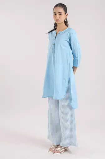 Ice blue cotton plain kurta set with striped pant
