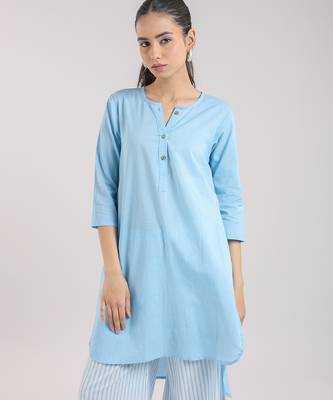 Ice blue cotton plain kurta set with striped pant 5
