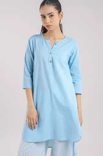 Ice blue cotton plain kurta set with striped pant