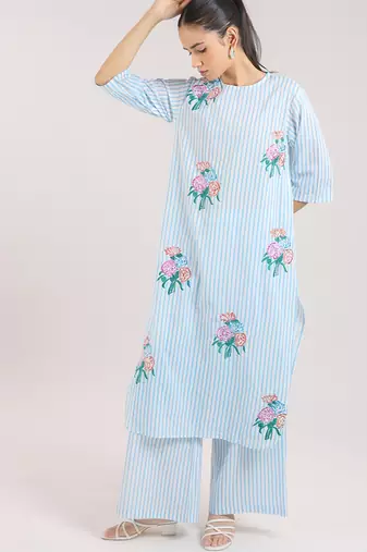 Ice blue floral embroidered kurta with pant