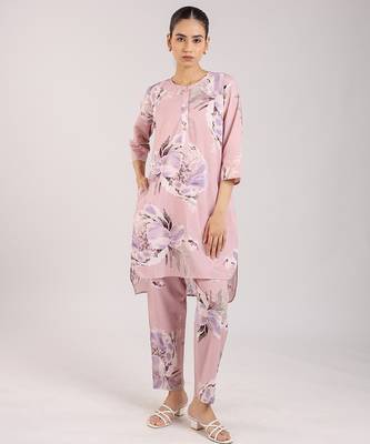 Dusty rose floral printed cotton kurta set 1