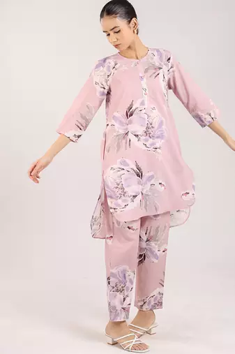 Dusty rose floral printed cotton kurta set