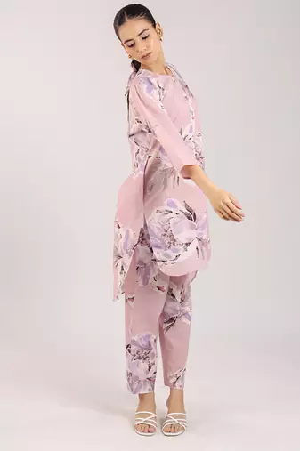 Dusty rose floral printed cotton kurta set
