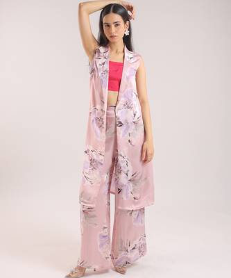Dusty pink floral printed cotton kurta set with bustier 1