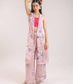 Dusty pink floral printed cotton kurta set with bustier