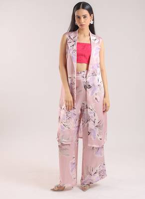 Dusty pink floral printed cotton kurta set with bustier 2