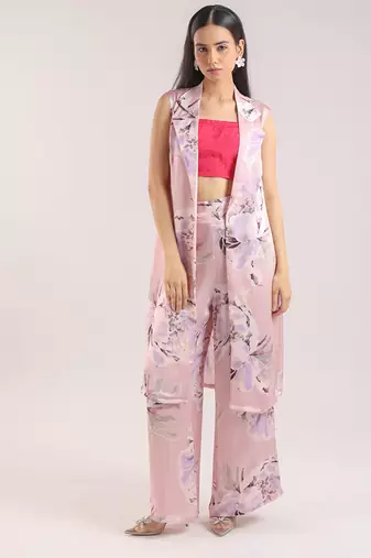 Dusty pink floral printed cotton kurta set with bustier