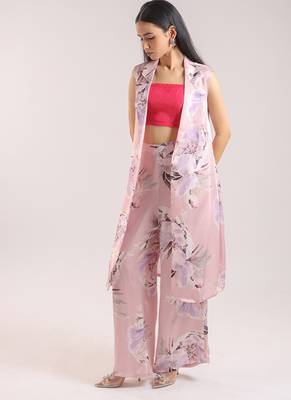Dusty pink floral printed cotton kurta set with bustier 3